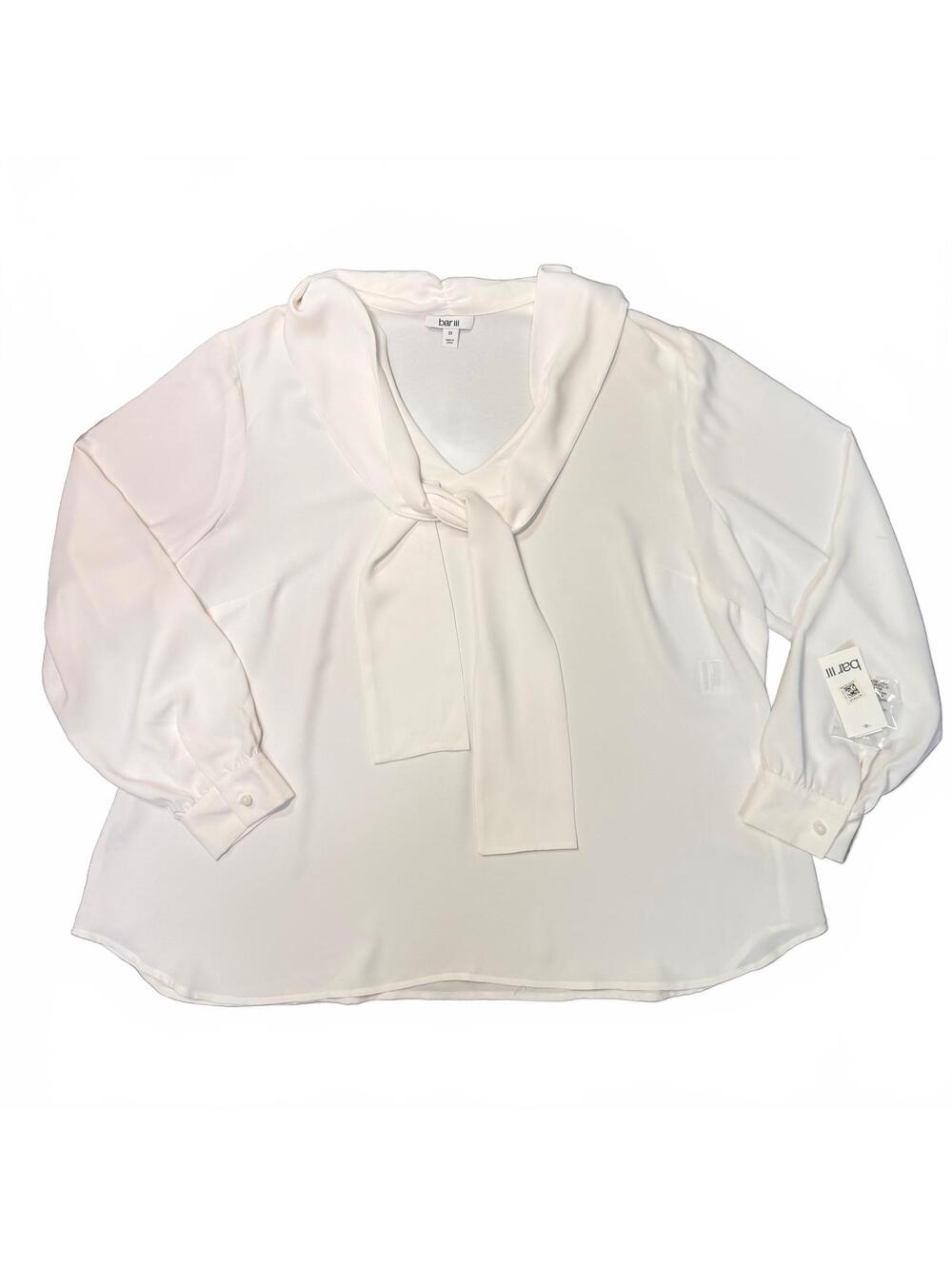 Bar III Women's White V-Neck Long Sleeve Blouse with Tie Neck, Size 2X